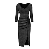 Ansenesna Abendkleider Damen mit Schlitz Glitzer Elegant Kleid Frauen Party Festlich Hochzeit Cocktailkleid V Ausschnitt Langarm Abschlussball Kleider (Schwarz, s)