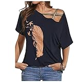 Dasongff Oberteile Frauen Bluse Sommer T-Shirt Damen Elegantes Off-Shoulder Top Bequem Kurzarm Shirt Freizeit Feder Print Tees Damenbluse Sweatshirts Hemd Tunika Sommertop Blusentop