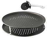 Zenker 7512 Pizzaset 3-teilig,Pizzableche,Pizzaschneider,Pizzablech rund (Ø 32 cm) gelocht,inkl. Pizzaschneider und Halter,für Pizza,Flammk