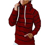 Kobay Damen Langarm Herbst Winter Casual Mantel Oberteile Elegant Langarmshirt Frauen Taschen Streifen Printed Swap Langarm Kapuzen Sweatshirt Top(Rot, M)