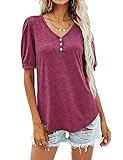 Damen Sommer Kurzarm T-Shirt V-Ausschnitte Casual Oberteile Top Basic Einfarbig Elegant T Shirts Frauen Blusen Weinrot XL