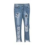 High Waist Jeans Damen Y2K Loch JeanHose Destroyed Stretch Denim Jeans Hose in Übergröße mit Großen Zerrissenen Füßen Hohe Taille Schmale H