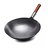 ZHANGZHI 32cm Carbon Steel Wok,Beruf chinesischer traditioneller hand gehämmerter Kohlenstoffstahl Pow Wok mit Holzgriff und Stahlhelfer (Color : White, Sheet Size : 32cm)