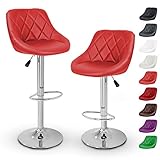 TRESKO Barhocker 2er Set mit Lehne - Barstuhl höhenverstellbar - Hocker für Theke & Küche, Barstühle 360° drehbar - verchromter Stahl, Fußstütze (Rot)