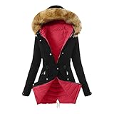 BUKINIE Damen Wintermantel aus Baumwolle, dick, warm, lange Jacke mit Fellbesatz, Kapuze, leger, Knopfleiste, Reißverschluss, winddicht, Ovarcoat mit Tasche, rot (a), S