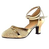 Geilisungren Tanzschuhe Damen Standard and Latein Sandalen Blockabsatz Hochzeitsschuhe T-Spange Geschlossene Zehen Party Pumps B