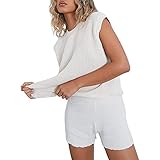 Frauen Sommer Casual 2-teiliges Set aus Strick Farbe einfarbig ohne Ärmel aus Strick Tube Hohe Taille Shorts, weiß, 42