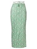 Winkinlin Damen-Rock mit Blumenmuster und hohem Wist zum Schnüren, Midi-Schlitz, figurbetonter Rock, grün, 44