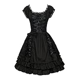 Nofonda Frauen Klassisch Schwarz Gothic Kostüm Cosplay Lolita Kostüm Abendkleid Layered Lace-Up Kurzarm Kleid (M)