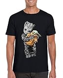 StitchPrint Baby Yoda Baby Groot T-Shirt Avengers Hero Geburtstagsgeschenk Unisex Kinder Erwachsene Top, Schwarz , S