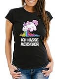 MoonWorks® Damen T-Shirt Spruch Ich Hasse Menschen kotzendes Einhorn Frauen Fun-Shirt lustig schwarz L