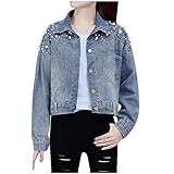 Damen Perle Nieten Jacke Langarm Knopf Denim Jacke Langarm Top Damen Retro Distressed Kurze Jeansjacke mit T