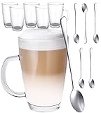 6er Latte Macchiato Gläser Set mit Henkel und Löffel - 300ml - Hält lange w