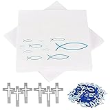 Kommunion Dekoration, Komake 40 Stück Servietten Kommunion,90 Stücke Hölz Fisch Konfirmation Deko und 30 Hölzkreuze Silber ,für Taufe,Kommunion oder andere Festliche Anlässe,Taufe Deko Junge M