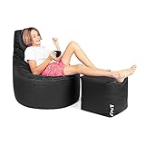 Patchhome Gamer Kissen Lounge Kissen Sitzsack Sessel Sitzkissen Bean Bag + Würfel/ Hocker mit Reißverschluss bereits befüllt (Black, XXL - Ø80cm Sessel + 35x35cm Würfel)