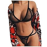 Hirolan 2 StüCke Damen Spitzen UnterwäSche Set Hohl Sexy Dessous Mit Shorts G-String Spitze Mantel Anzug Frauen Top Erotik Sets Sex UnterwäSche Schwarz Hohl Babydoll NachtwäSche Plus Size N