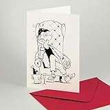 50 witzige Klappkarten mit roten Kuverts. Mann im Ohrensessel mit einer Flasche Sekt (Cartoon: Richard Schöb). Für Neujahrsgrüße, Vergessenes, Entschuldigungen, Einladung