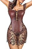 EUDOLAH Damen Gothic Kunstleder Korsagenkleid Schwarz Leder corsage Clubwear Braun 4XL