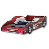 METEOR Rennauto-Bett mit LED-Beleuchtung 90 x 200 cm - Aufregendes Autobett für kleine Rennfahrer in Rot-Schwarz - 97 x 56 x 216 cm (B/H/T)