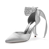 YiLuFanHua Sexy Damen Brautschuhe Spitz Stöckelschuhe Satin Schnürschuhe Solide Pumps Für Hochzeitsfeier Oder Abend,Silber,40 EU