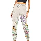 yiouyisheng Damen Jogginghose Vintage Blumen Drucken Sporthose lang Freizeithose Mädchen High Waist Laufhosen mit Kordelzug und Taschen, Damen Sommer Frühling Herbst Sweatp