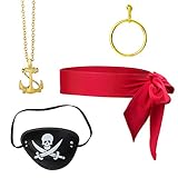 Beelittle 4 Stück Captain Pirate Kostüm Zubehör Set Red Head Tie Schal Wrap Bandana Pirate Augenklappe Gold Ohrring Halskette Pirate Accessories Kit (E)