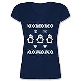 Weihnachten & Silvester Geschenke Party Deko - Norweger Pixel Pinguin - 3XL - Dunkelblau - Damen t-Shirt Pinguin - XO1525 - Damen T-Shirt mit V