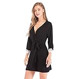 Morgenmantel Damen Kurz Bademantel Kimono,Spitze Langarm Schlafmantel Saunamantel Pyjama Robe,Schwarz,XL