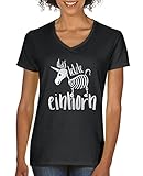 Comedy Shirts - Das letzte Einhorn 2 - Damen V-Neck T-Shirt - Schwarz/Silber Gr. M