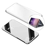 Samsung Galaxy A6 2018 Spiegel Ledertasche Hülle klapphülle Silber Brieftasche Schutzhülle Handyhülle Durchsichtig Clear View Flip Mirror Case Stoßdämpfend Standfunktion Magnetverschluß Handy