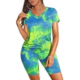 GOKOMO Sommer Bunt Jogginganzug Damen Set Freizeitanzug Sportanzug Trainingsanzug Fitnessanzug Set Sports Top + Shorts für Sommer Fitness Jogging Yoga Gym Sportswear Running(M,Blau)