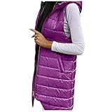 Ronony Daunenweste Damen Lange Kapuzen Ärmellose Westen Mantel mit Taschen Große Größe Winterjacke Zip Longweste Frauen Warmer Steppweste Leichte Einfarbig Outdoor Jacken Winddichte Outdoorw