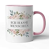 tassenprinter - Ich Hasse Menschen Tasse mit Spruch - 300ml Keramik Kaffeetasse Kaffeebecher rosa weiß blumig - Spülmaschinenfest - beidseitig Bedruckt - Geschenk Arbeit Kollegen (Vintage, Rosa)