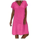 Damen Kurzarm Kleid Loose Kurzkleid Dresses V-Ausschnitt Minikleid Blusenkleid Freizeitkleid Strandkleid Sommerkleid Blumenkleid Einfarbige Jerseykleid Plus Size Swingkleid Kurzkleid Tunikak