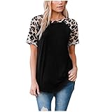 B-commerce Modische Damen-Bluse mit Rundhalsausschnitt, Leopardenmuster, kurzärmelig, einfache Tops, Schwarz , M