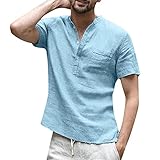 Herren Leinenhemd Ärmelloser Tanktop Mit Schnürung Regular Fit Baumwolle T Shirt Sommer (Hellblau,XXL)