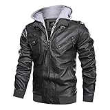 HJWWIN Herren Kunstleder-Motorradjacke Vintage Biker Bomberjacke mit Reißverschluss und abnehmbarer Kapuze, grau, M