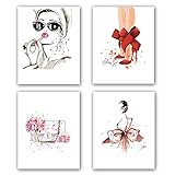 Karteme Kunstdruck-Set für Frauen, 20.3 x 25.4 cm, minimalistische Make-up-Kunst, modischer Lippenstift, rote High Heels, Handtaschen-Druck für Frauen, ohne Rahmen, 4 Stück