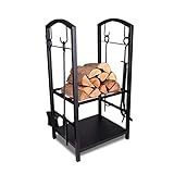 YJKDM Kaminholzregal aus Metall, schmiedeeiserner Boden abnehmbares Holzregalwerkzeug Innen- und Außenlagerraum Brennholzregal (schwarz)