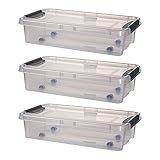 Unterbettkommode Unterbettbox 31L mit Rollen 3er-Set mit Clip-Verschlüssen, transparent/sand, Made in EU