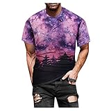 Männer T-Shirt Casual Forest unter dem Sternenmotiv Pullover Vintage 3D-Bedruckte Tops Kurzarm O-Ausschnitt Slim Tunika Bluse Fashion Streetwear (XL,Violett)