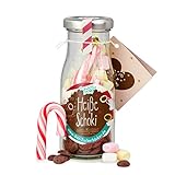 DIY heisse Schoki zum Selbermachen, süße Trinkschokolade im Glas mit 45 gr Schokodrops, Mini-Marshmallows und einer Zuckerstange, warmer Kak