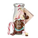 DIY heisse Schoki zum Selbermachen, süße Trinkschokolade im Glas mit 45 gr Schokodrops, Mini-Marshmallows und einer Zuckerstange, warmer Kak