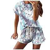 Briskorry Damen Jogginganzug Zweiteiler Sommer Outfits Sportanzüge Batik Kurzarm Freizeitanzug Outfits Kleidung Streetwear Anzug Top und Kurze Hose für M