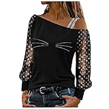 Longarmbluse Damen Pullover mit goldenem Schmetterlings Print T Shirt mit Kontrastnähten Langarm Tunika mit schrägem Ausschnitt Unregelmäßige schulterfreie Bluse Herbst Lang