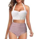 BUKINIE Damen Vintage Badeanzug Neckholder Push Up Bademode Bauchweg Zweiteilige Badeanzüge Hohe Taille Badeanzüge Bademode, A-weiß, M