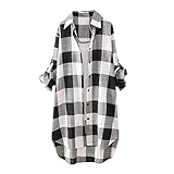 SHITOUJI Damen Karierte Bluse Oversize Langarm Shirt Baumwolle Leinen Hemdbluse Elegant Übergröße Longbluse Oberteile Lose Leinenbluse Lang Hemd Tops Lang