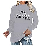 LSEEKA Damen Valentinstag Lose Langarm T-Shirt Yes, I'm Cold Letter Printed Sweatshirt Rundhals Einfarbig Casual Lose Pullover Tops Neujahr Geschenk für Frauen Mädchen Teenager, grau, Larg