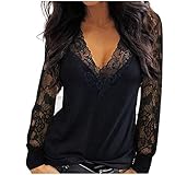 Damen Langarmshirts V-Ausschnitt Passt Komfortable Elegant Diamant Glitzer Druck Spitzen-Mesh-Nähte Sexy Modische Lässig T-Shirt Tops Frühling Langarm S-XL