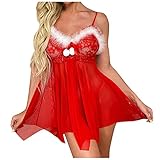 Nachthemd Damen Lang,Damen Weihnachten Sexy Rote Dessous V-Ausschnitt Neckholder Pyjamas Schleife Nachthemd Mit Tang